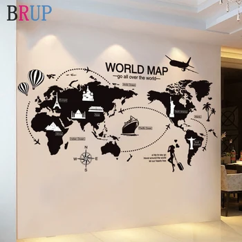 Наклейки на стену с картой мира Большого размера, Черная карта мира, Домашний декор для детской комнаты, наклейки на стены в самолете для спальни